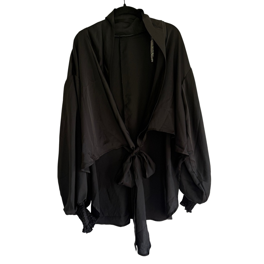 HYFVE Black Tie Front Balloon Sleeve Wrap Top Shawl Collar HF21G174 Large